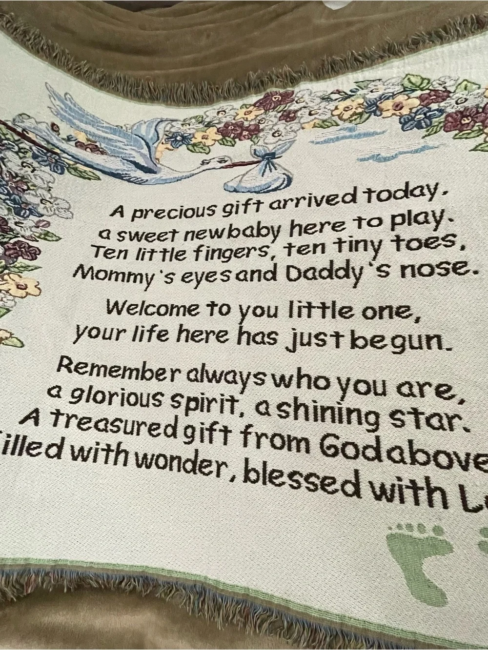 Precious Gift, New Baby W/Footprints 38” X 51” VTG Tapestry Throw